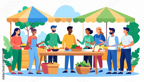 Diverse community of people shopping and socializing at a vibrant outdoor farmers market with fresh produce.