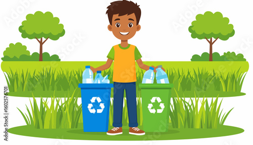 A cheerful young boy with dark skin recycling plastic bottles into colorful bins.