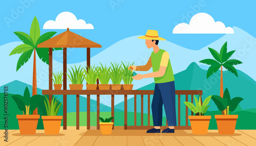 Gardener in a yellow hat tending to lush green potted plants on a scenic wooden balcony with mountains.