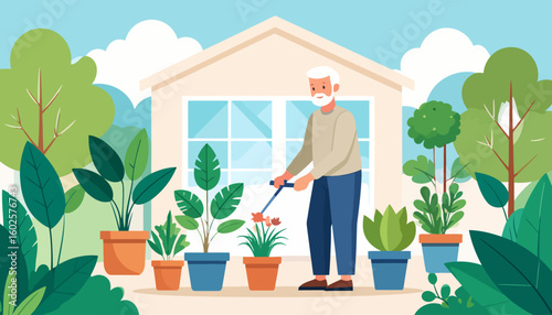 Happy senior man with white hair and beard tending to his garden, pruning red flowers in a pot.