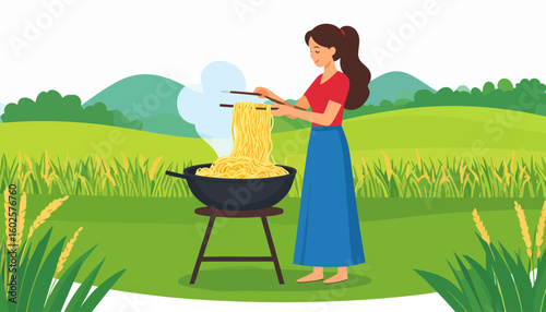 A smiling woman with a ponytail, wearing a red shirt and blue skirt, cooking steaming noodles in a wok with chopsticks.
