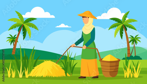 A female farmer wearing a hijab and a traditional conical hat, holding a yoke with a basket of grain.