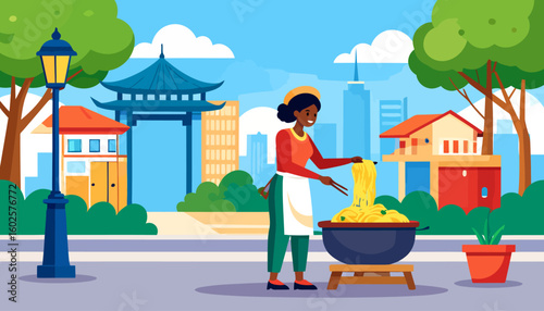 Smiling Black woman in a white apron and yellow headband cooking fresh noodles with chopsticks from a large bowl.