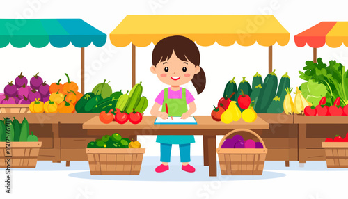 Cheerful cartoon girl with a ponytail writing at a vibrant farmers' market stall filled with fresh produce.