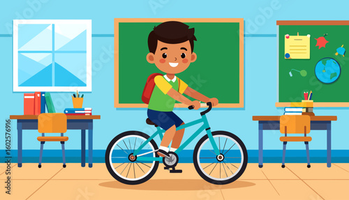 Cheerful schoolboy with a red backpack riding a turquoise bicycle.