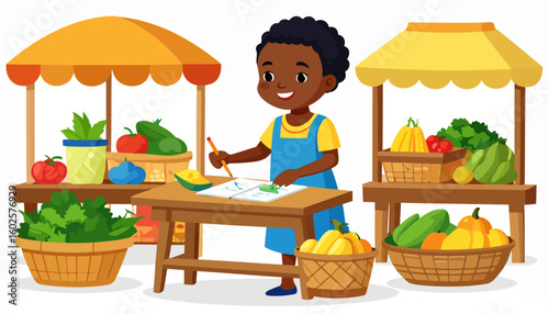 Smiling Black boy in blue overalls drawing at a vibrant farmer's market with fresh produce.