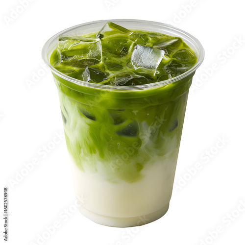 Iced matcha latte with ice cubes isolated on transparent background