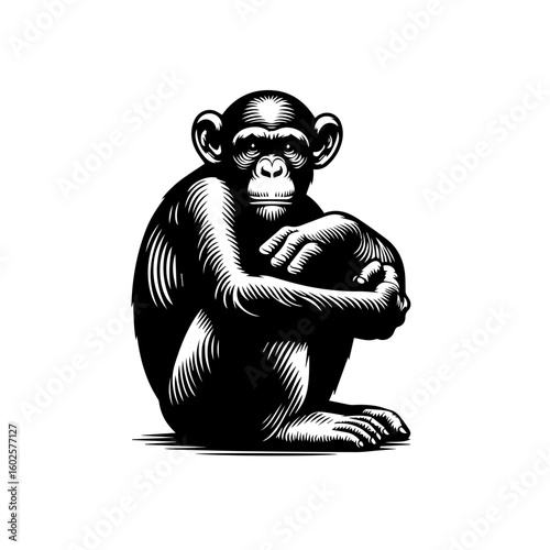 A pensive chimpanzee sitting with its knees hugged to its chest isolated on white background