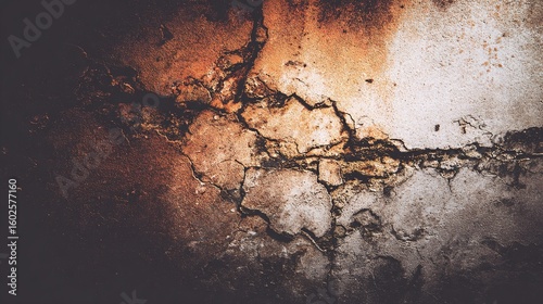 Abstract dark concrete surface with raw texture variations, highlighting weathered cracks and aggregates under moody lighting.