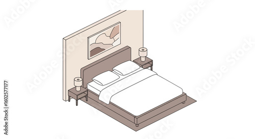 Bedroom interior with bed, lamps, and artwork