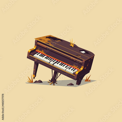 Abandoned Piano Stands Askew in an Empty Landscape Graphic Illustration