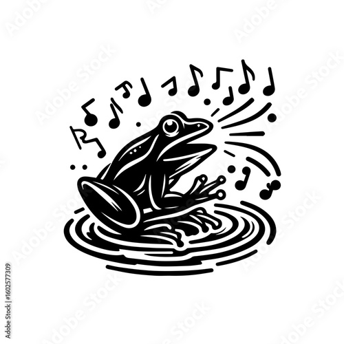 A stylized black and white illustration of a frog singing in a pond with musical notes emanating from its mouth