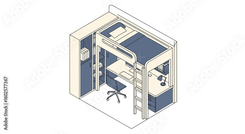 Compact dorm room layout with bed and study space