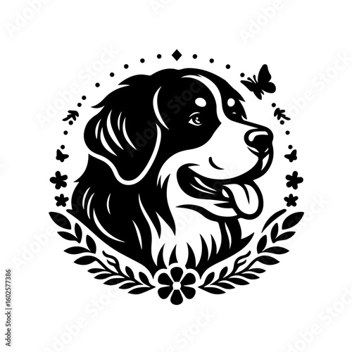 A stylized black and white illustration of a bernese mountain dogs head with a decorative floral wreath and a butterfly