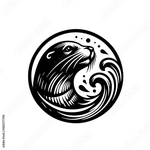 Wallpaper Mural A stylized black and white illustration of an otter swimming in waves inside a circle isolated on white background Torontodigital.ca