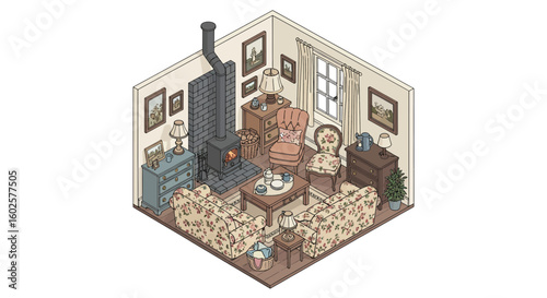 Cozy living room interior with fireplace and floral sofa