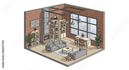 Cozy living room interior with fireplace and city view