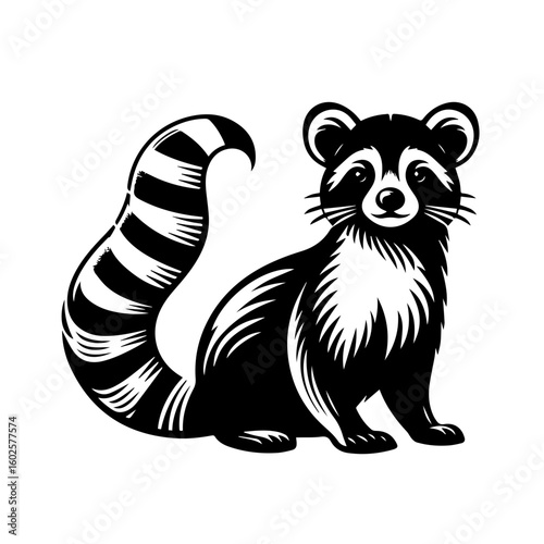 A stylized illustration of a raccoon with a bushy striped tail isolated on a white background