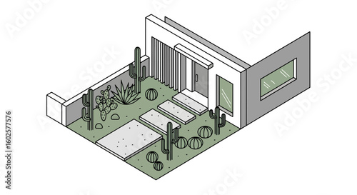 Desert courtyard with cacti and modern architecture