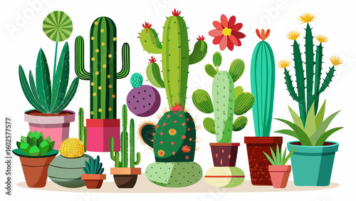 Vector art of an artistic arrangement of various potted cacti and succulents isolated on white background