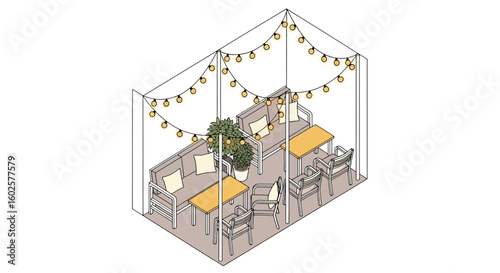 Cozy patio seating area with string lights and plants