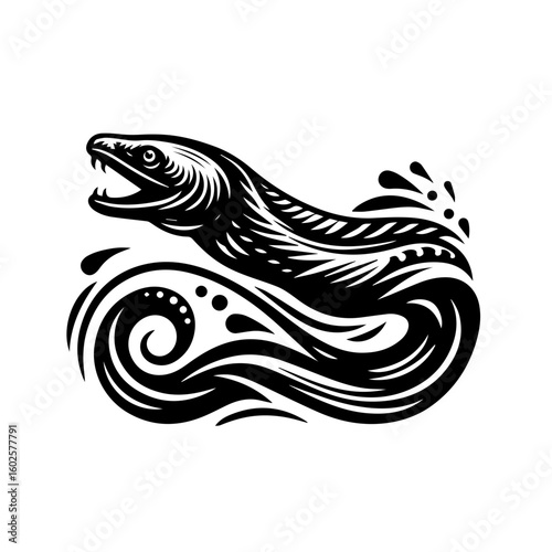 A fierce moray eel emerges from swirling water in a striking black and white illustration