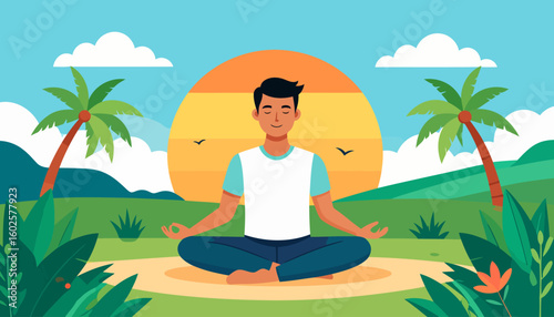 Illustration of a serene young man with black hair meditating in a cross-legged lotus pose.