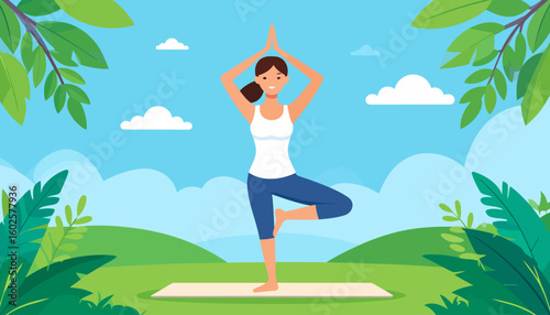 Smiling brunette woman in a white top and blue leggings practicing the tree yoga pose.