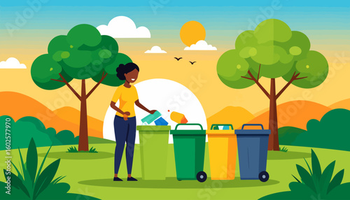 Smiling black woman in a yellow shirt sorting trash into colorful wheeled recycling bins.