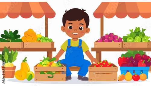 Happy cartoon boy in blue overalls selling fresh produce at a farmers market stall.