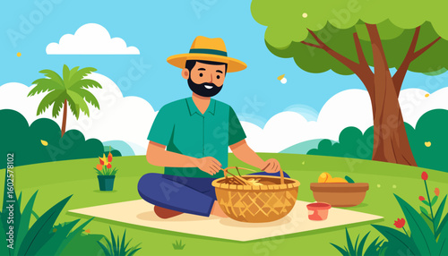 Smiling bearded man in a yellow hat and green shirt sitting cross-legged on a blanket, opening a wicker picnic basket.