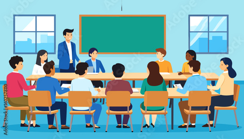 Diverse group of people in a classroom training session with a male presenter. Flat vector illustration.