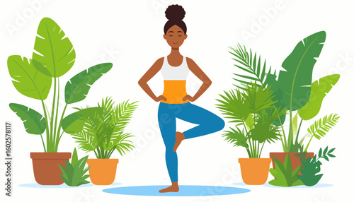 Calm woman in a colorful outfit practicing the yoga tree pose surrounded by lush green potted houseplants.