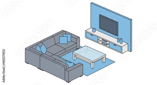 Living room furniture arrangement with sofa and entertainment unit