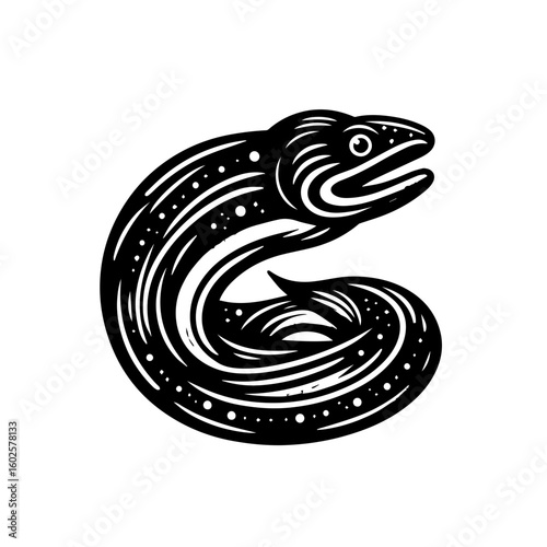 Stylized illustration of a moray eel coiled and swimming isolated on white background
