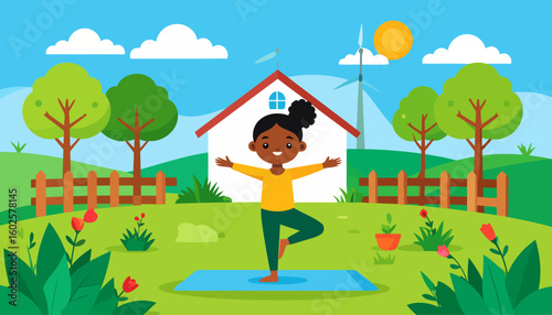 Cheerful dark-skinned girl with a hair bun practicing a yoga tree pose on a mat.
