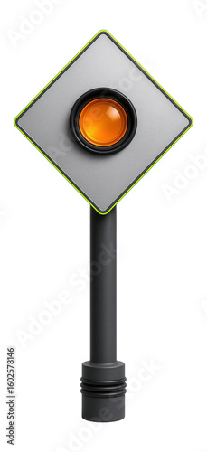 Railway distant signal with a diamond-shaped target and colored lens