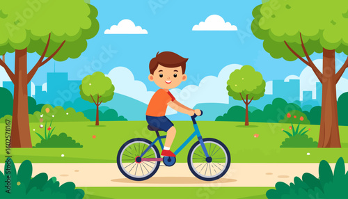 A joyful young boy with brown hair, wearing an orange shirt, happily riding a blue bicycle.