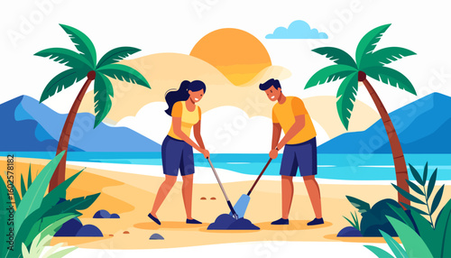A smiling man and woman in casual summer clothes digging together with shovels, depicted in a flat vector art style.
