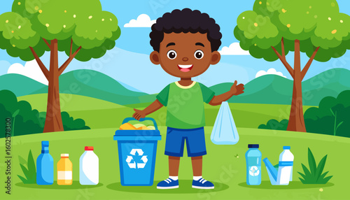 Cheerful African American boy with curly hair recycling plastic waste, holding a blue bin and trash bag.