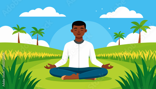 A young Black man with closed eyes meditating peacefully in the Padmasana yoga pose.
