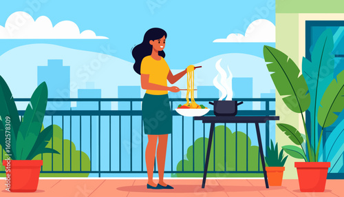 Smiling woman with long black hair cooking steaming noodles with chopsticks on a balcony table.