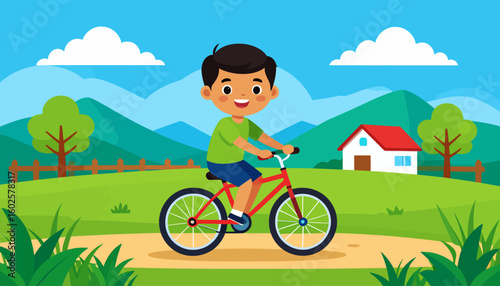 Happy cartoon boy with black hair and a joyful smile riding a bright red bicycle.