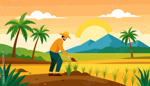 A bearded farmer in a yellow hat and shirt, diligently planting rice seedlings in a tropical paddy field with a trowel.