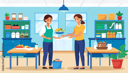 Two friendly women in a kitchen, one in a green apron serving a plate of fresh food to another.