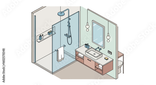 Modern bathroom interior with shower and vanity