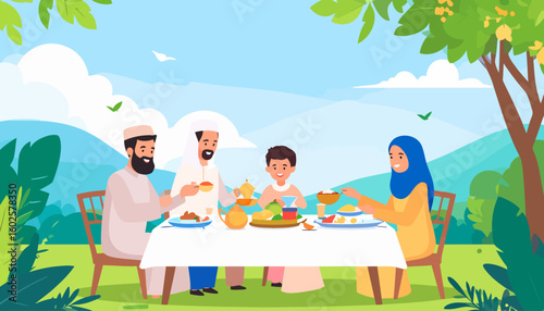 Joyful Muslim family in traditional attire sharing a festive meal outdoors at a dining table.