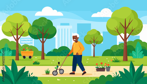 Happy senior man with white hair in an orange sweater pushing a two-wheeled gardening tool.