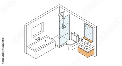 Modern bathroom layout plan with bathtub and shower