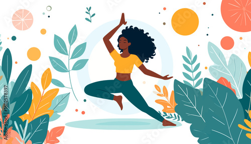 Serene Black woman with voluminous curly hair in a dynamic yoga pose, wearing a yellow crop top and teal leggings.